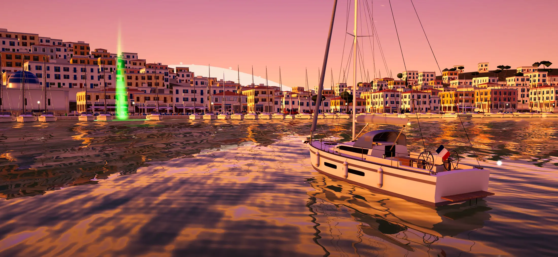 The yacht glides into Poros harbour at sunset.
