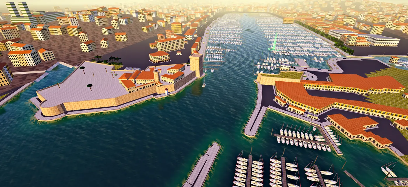 Marseille’s Vieux-Port from the air, its pontoons lined with yachts.