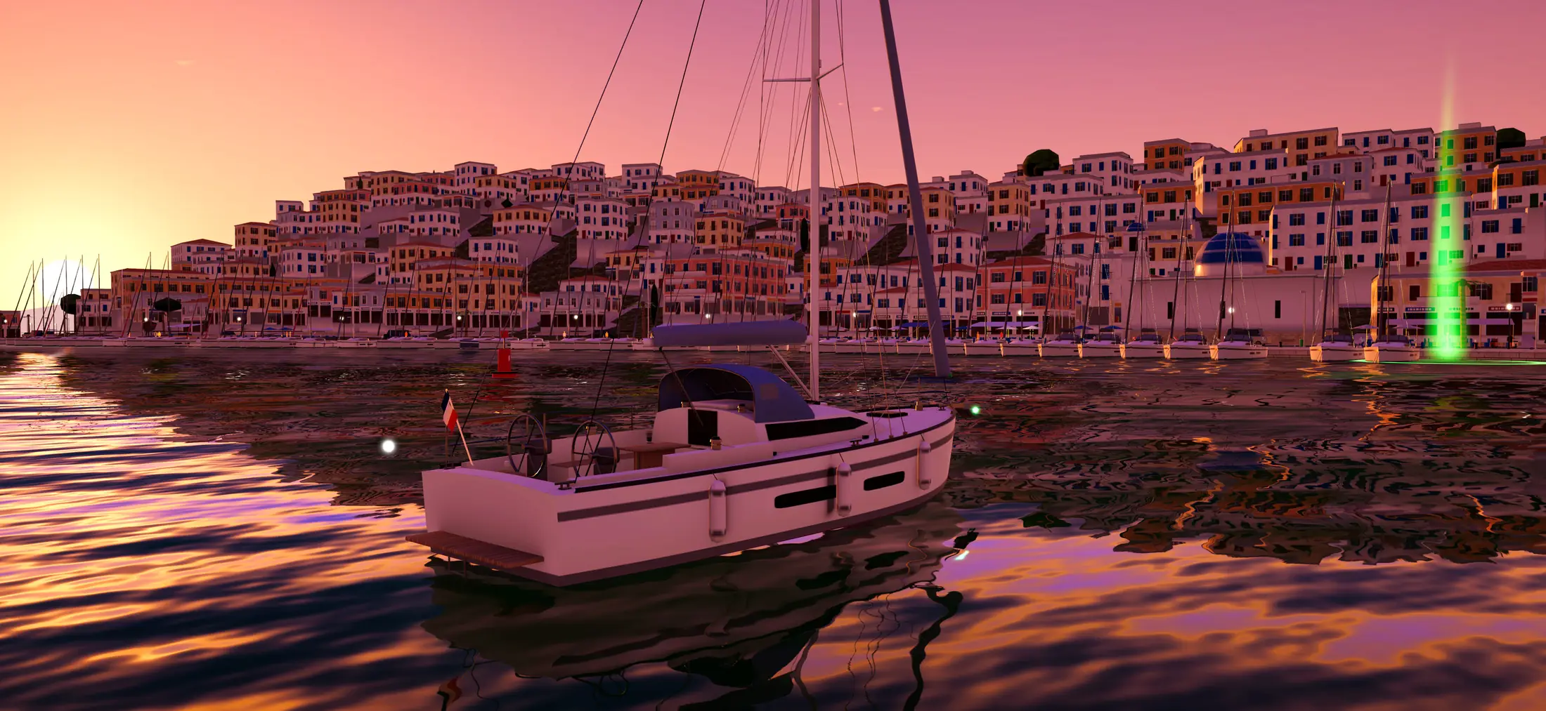 A yacht motors into Poros harbour at sunset, towards the green beam that marks her berth.