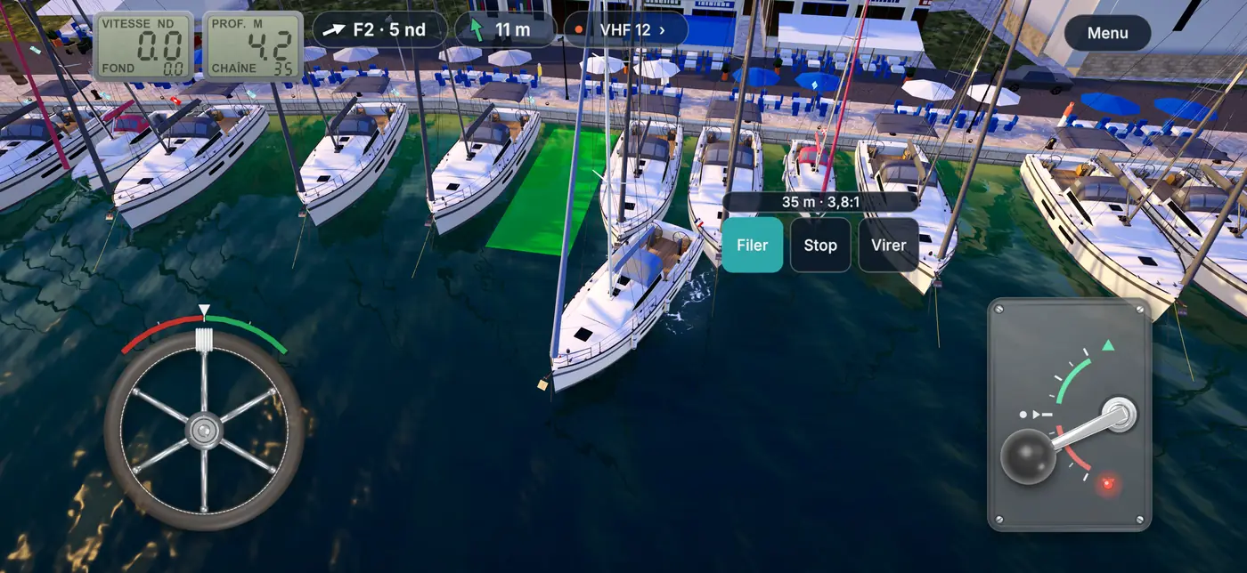 The game screen: the wheel, the throttle lever, the wind, the depth sounder and the windlass orders.