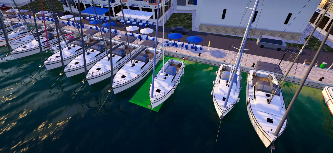 A yacht enters her finger berth, marked in green, at Les Minimes.